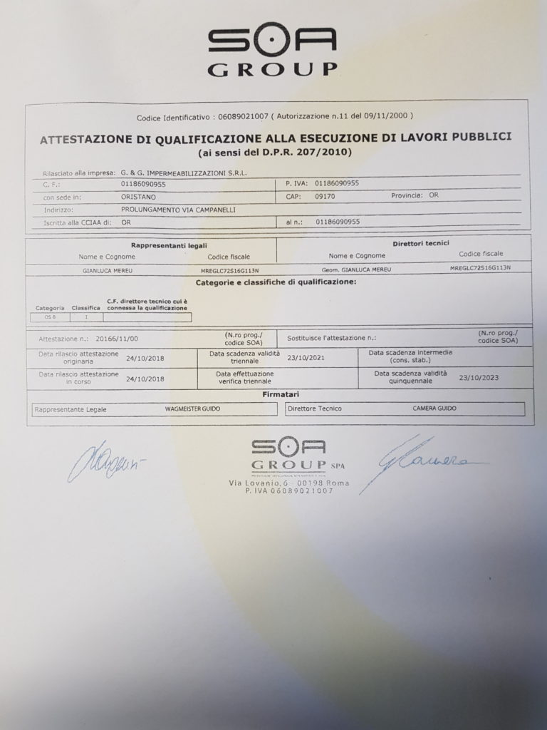 ATTESTAZIONE SOA G&G impermeabilizzazioni